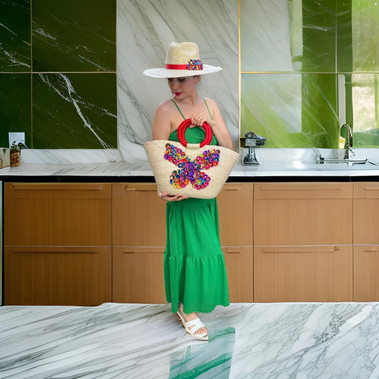 Handmade Palm Hat and Bag Set: Boho Floral Beach Accessories