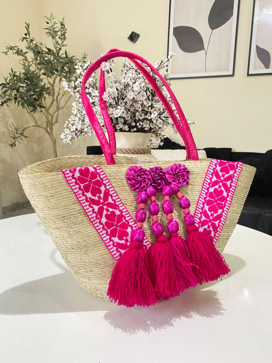 Handmade Mexican Palm Tote Bag: Embroidered Floral Accents & Hot Pink Tassels