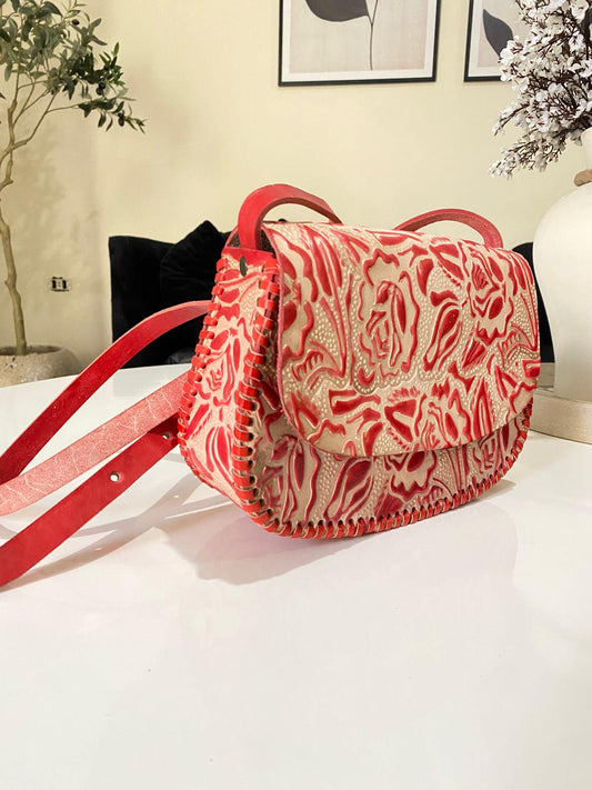 Handmade Coral Tooled Leather Crossbody Bag: Mexican Floral Purse