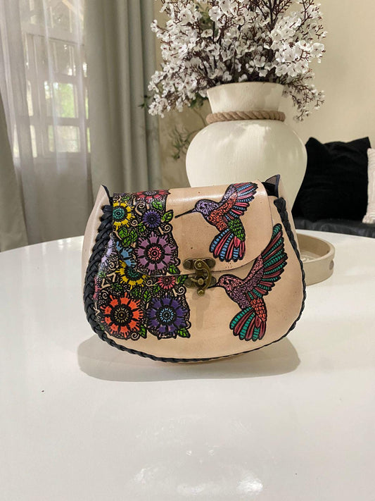 Handmade Tooled Leather Crossbody Bag: Hummingbird Floral Embroidery