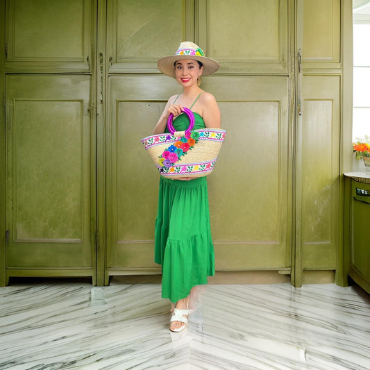 Handmade Palm Hat and Bag Set: Boho Floral Embroidered Accessories
