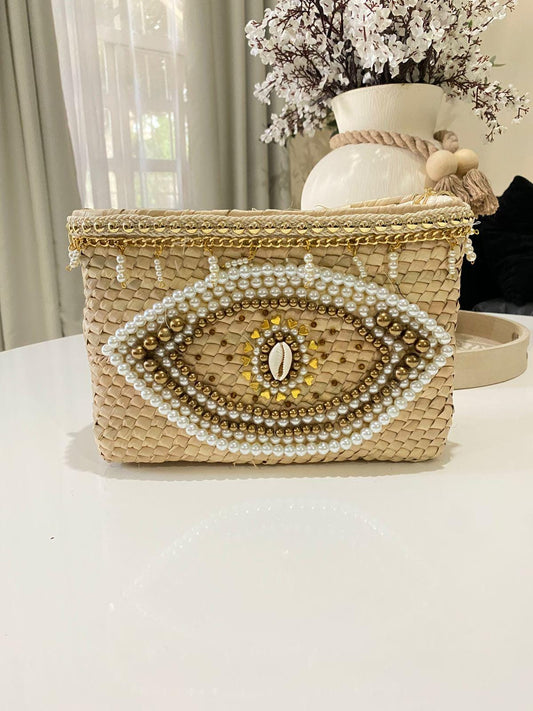 Handmade Palm Straw Crossbody Bag: Beaded Evil Eye, Gold Chain Strap