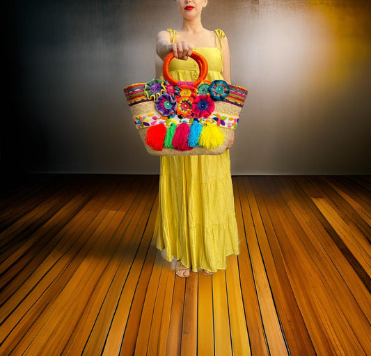 Handmade Mexican Palm Tote Bag: Floral Embroidery, Tassels, Boho Purse