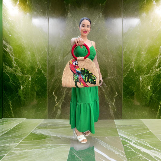 Handmade Mexican Palm Bag: Sequin Macaw, Boho Chic Straw Tote