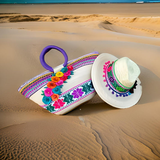 Handmade Palm Hat and Bag Set: Boho Floral Embroidered Accessories