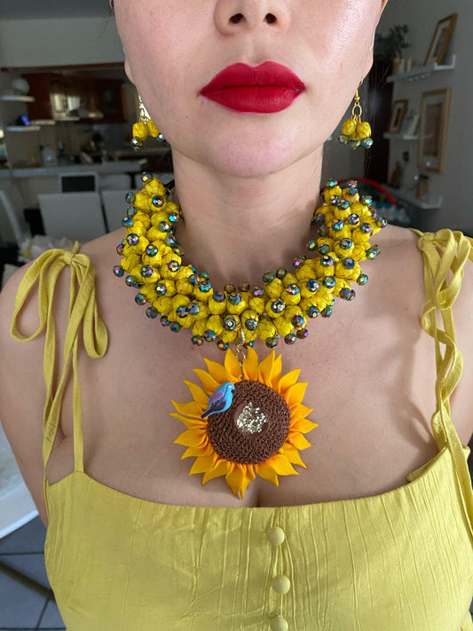 Handmade Sunflower Necklace and Earrings Set: Mexican Boho Beaded Jewelry
