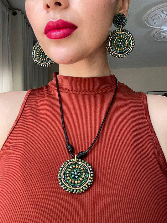 Miyuki Mandala Beaded Jewelry Set: Emerald Green & Gold Boho Necklace Earrings