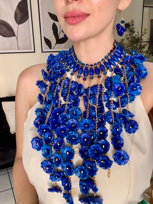 Handmade Blue Palm Flower Necklace Set – Mexican Boho Earrings