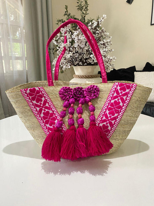 Handmade Mexican Palm Tote Bag: Embroidered Floral Accents & Hot Pink Tassels