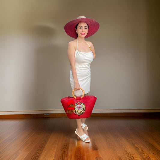 Handmade Red Palm Hat and Bag Set: Boho Heart Design