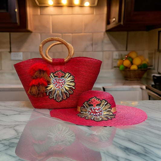 Handmade Red Palm Hat and Bag Set: Boho Heart Design