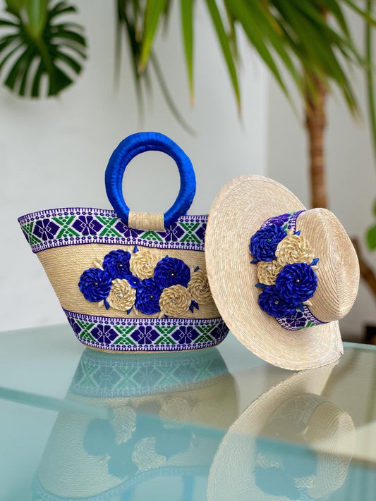Handmade Palm Hat and Bag Set: Blue Floral Boho Beach Accessories