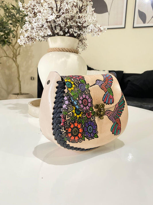 Handmade Tooled Leather Crossbody Bag: Hummingbird Floral Embroidery