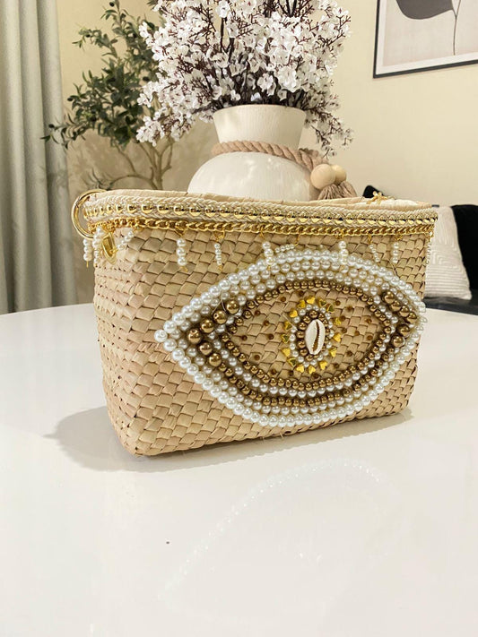 Handmade Palm Straw Crossbody Bag: Beaded Evil Eye, Gold Chain Strap