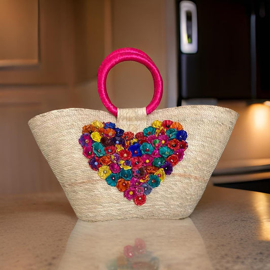 Handmade Palm Straw Tote: Mexican Floral Heart Boho Beach Bag