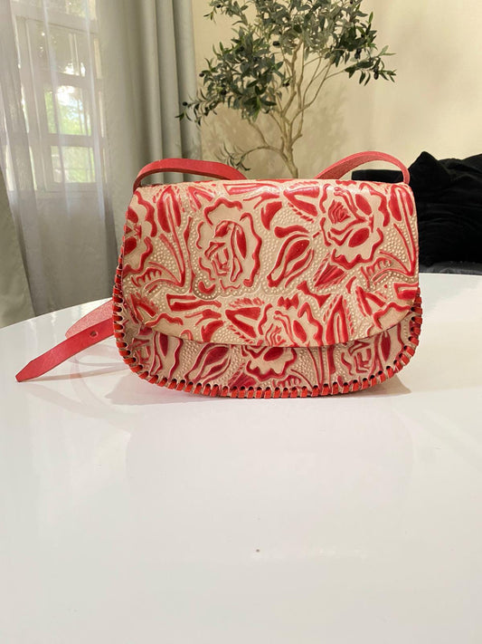 Handmade Coral Tooled Leather Crossbody Bag: Mexican Floral Purse