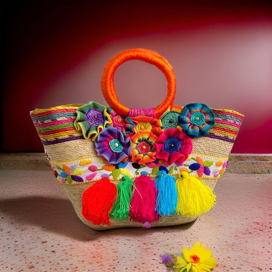 Handmade Mexican Palm Tote Bag: Floral Embroidery, Tassels, Boho Purse