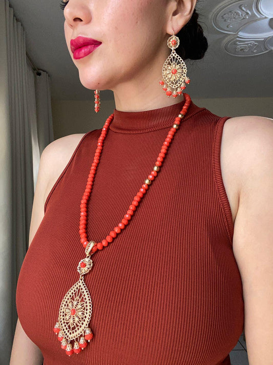 Gold Filigree Coral Beaded Jewelry Set: Mexican Artisan Necklace & Earrings