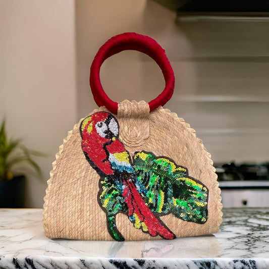 Handmade Mexican Palm Bag: Sequin Macaw, Boho Chic Straw Tote