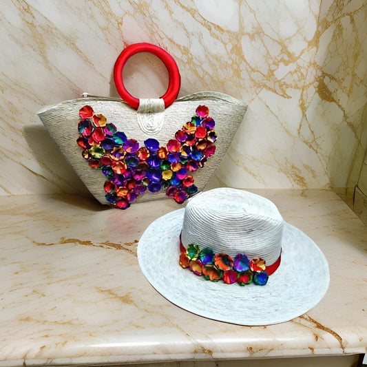 Handmade Palm Hat and Bag Set: Boho Floral Beach Accessories